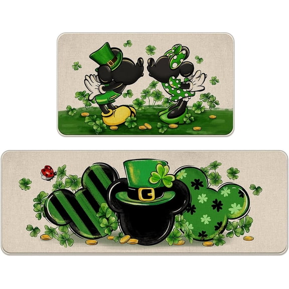St. Patrick''s Day Cartoon Mouse Kitchen Rugs Set of 2, Shamrock Clover Top Hat Polka Dots Stripes Kitchen Mats Decor, Gold Irish Holiday Floor Door Mat Home Decorations -17x29 and 17x47 Inch