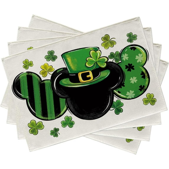 St. Patrick''s Day Cartoon Mouse Placemats Set of 4, Shamrock Clover Top Hat Stripes Dining Table Place Mats, Irish Holiday Kitchen Decor Home Decoration 12 x 18 Inch