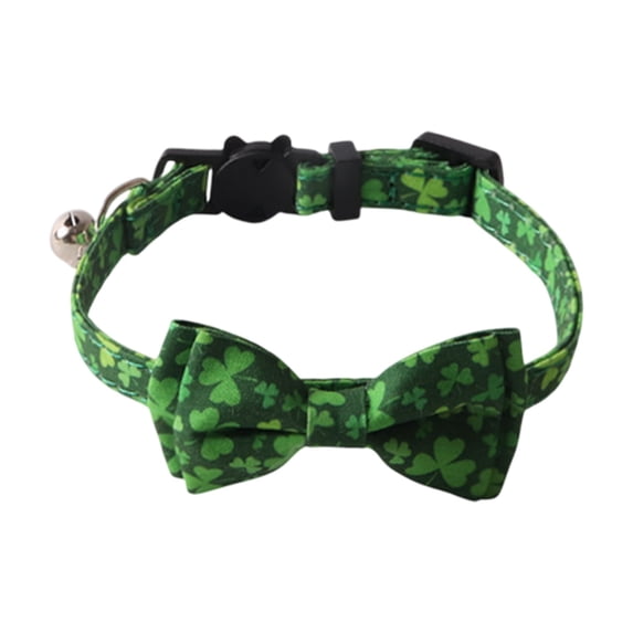 St. Patrick's Day Cat Collars with Bow Bell, Green Shamrock Pattern Kitten Collar with Removable Bow Tie, Pet St Patrick's Collars for Cats Dogs