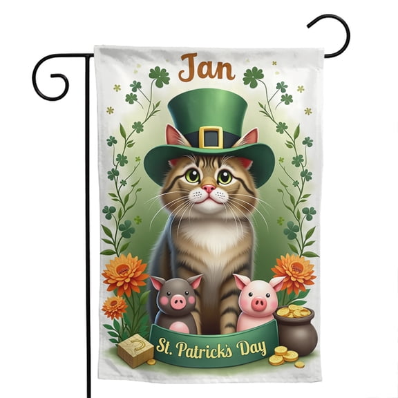 St Patrick's Day Cat Money Pot Polyester Garden Flag 12.5x18 Inch - Double Sided Shamrock Clover Outdoor Decor