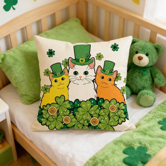 St. Patrick’s Day Cat Paw & Shamrock Pillow Cover, 18x18 Inch Decorative Cushion Case – Cute Feline & Irish Clover Print, for Sofa, Bed, Holiday Decor