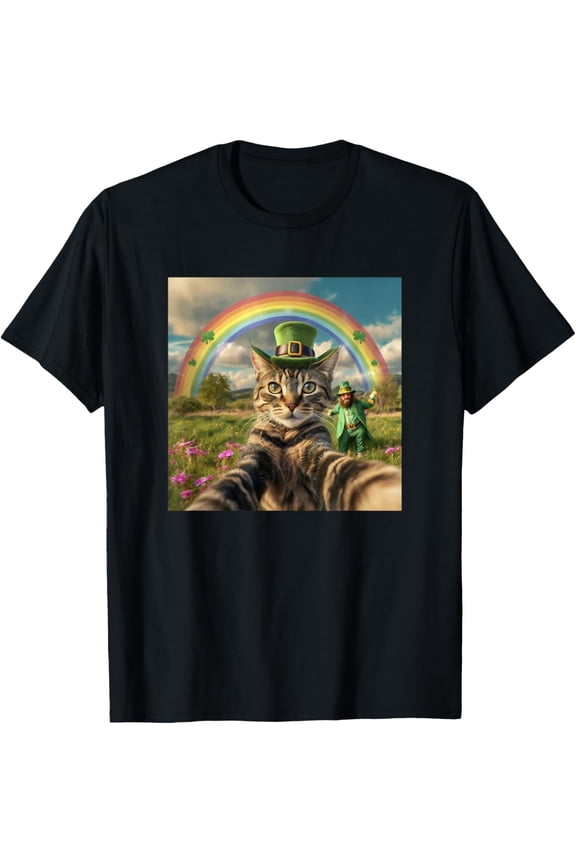 St Patrick's Day Cat Selfie with Leprechaun Funny Photo Mens T-Shirt