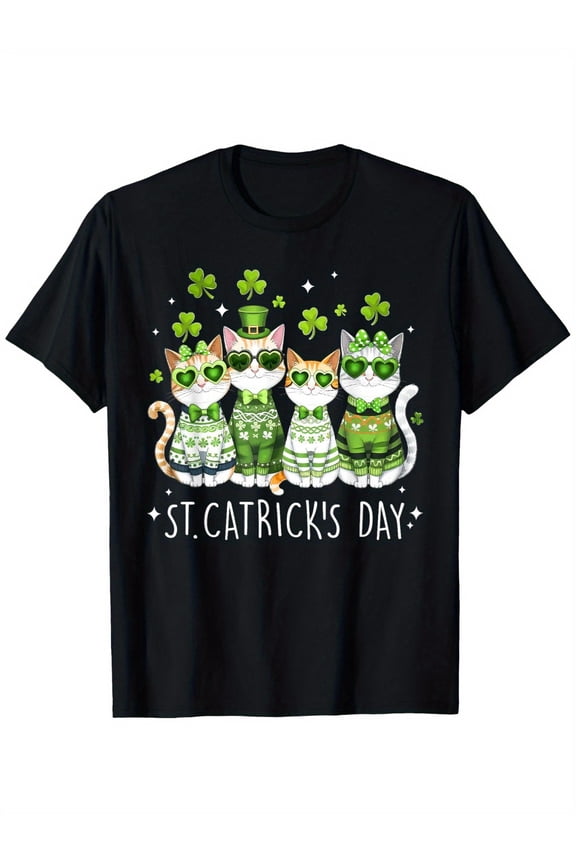 St. Patrick's Day Catricks T-Shirt - Unisex Cotton Casual Round Neck Short Sleeve Tee with Festive Cat Design, Lightweight & Comfortable, Sizes S-XXXL, Perfect for St. Patty's Celebrations