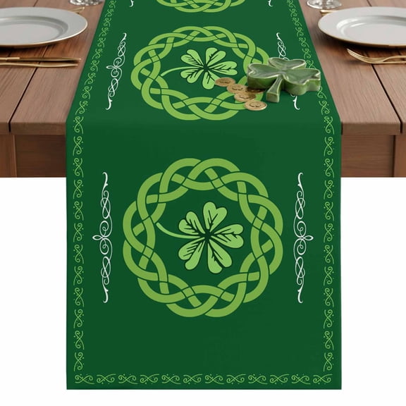 St. Patrick's Day Celtic Cone Table Runner-72 Inch Long Farm Green Lucky Shamrock Table Runners Linen Burlap Tablerunner for Kitchen Dining Room Holiday Party
