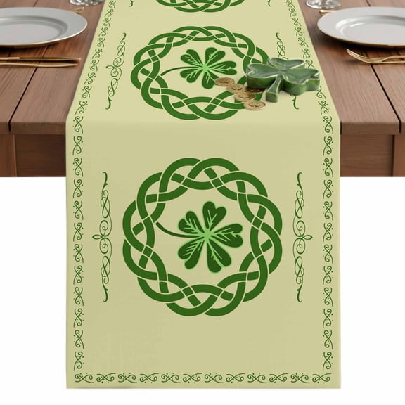 St. Patrick's Day Celtic Cone Table Runner-72 Inch Long Green Lucky Shamrock on Beige Table Runners Linen Burlap Tablerunner for Kitchen Dining Room Holiday Party