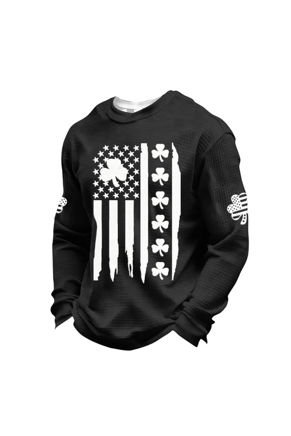 St. Patrick's Day Celtic Knot Irish Sweatshirt Waffle Knit Long Sleeve Crewneck Casual Pullover for Holiday Layering Daily Wear Black 4XL