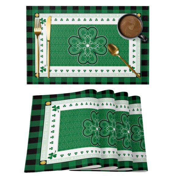 St. Patrick's Day Celtic Knots Lucky Shamrock Placemats Set of 6,Wipeable Washable Table Mats for Dining Tables, Buffalo Plaid Place Mats for Kitchen Event Party Tabletop Decor