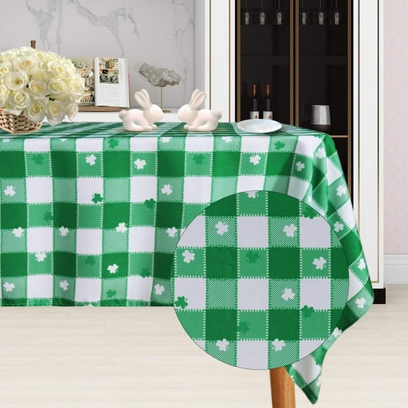 St Patrick''s Day Checkered Fabric Rectangle Table Cloth-60x120 Inch-Polyester Shamrock Pattern Tablecloth, Table Cover Protector for Party, Banquet, Dinner Decoration Use, Green & White