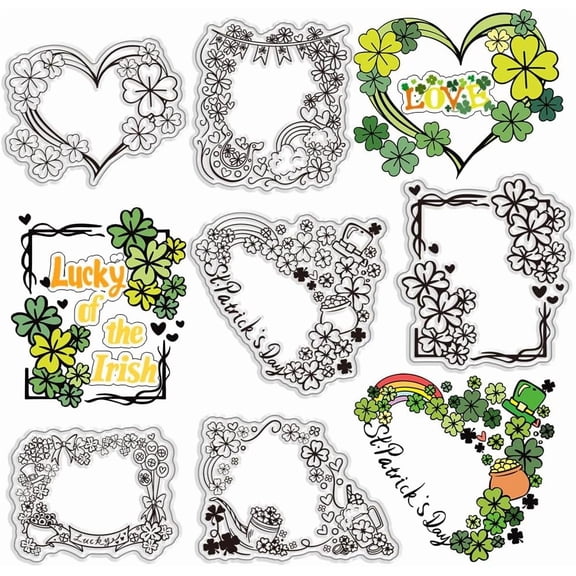 St. Patrick's Day Clear Stamps Set 6pcs Border Silicone Stamp Clover-Borded Frames Square Heart Shape Borders Rubber Stamps
