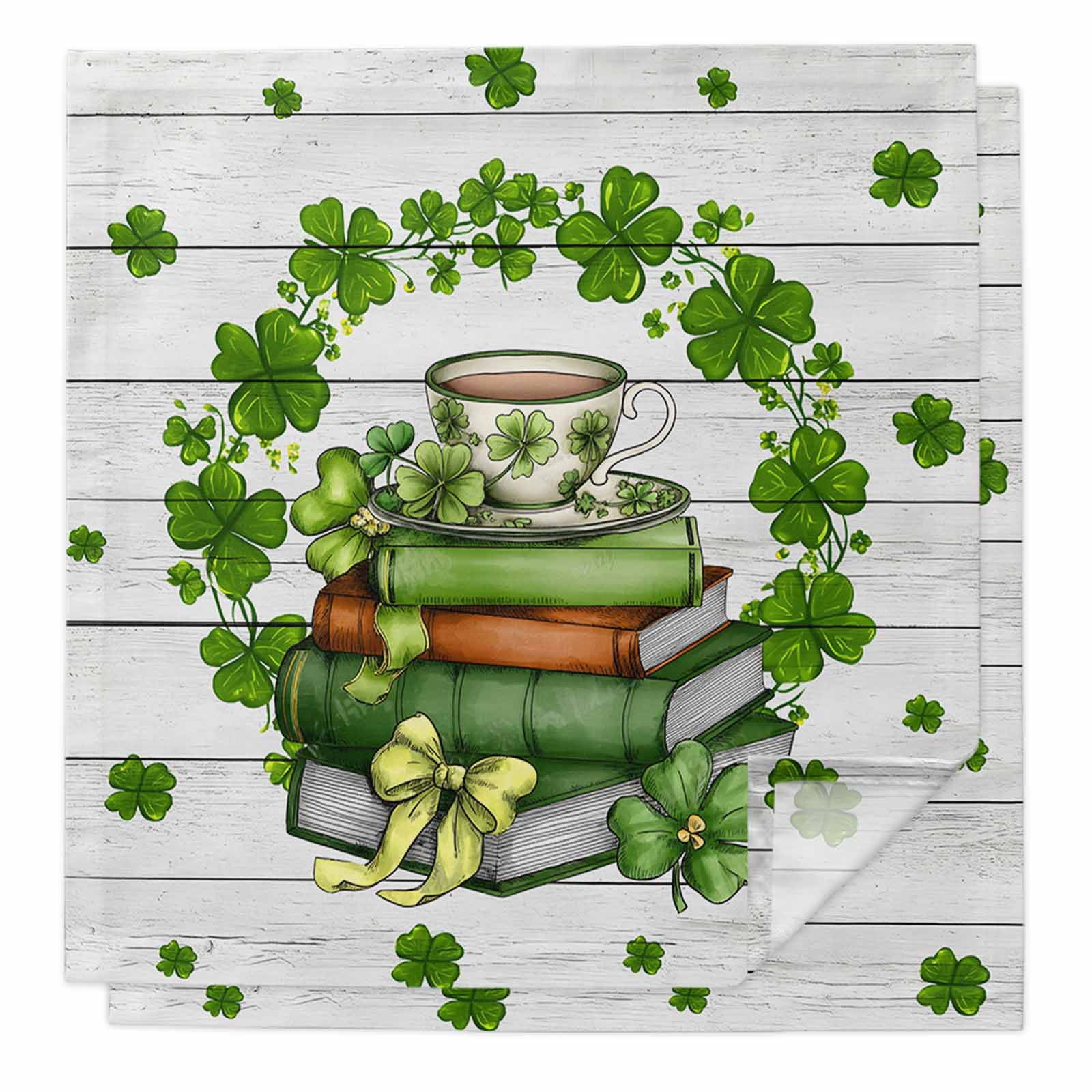 St Patrick's Day Cloth Napkins, Lucky Shamrock Leaf Books Coffee Cups Wooden Washable and Reusable Dinner Napkins Set of 2, Table Napkin for Kitchen Party Birthday Wedding Hotel Housewarming 20"x20"