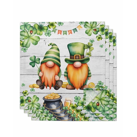 St. Patrick's Day Cloth Napkins Set of 4 Reusable Dinner Napkins, Green Gnomes Lucky Shamrocks Grey Farm Wooden Cocktail Napkin Washable Table Napkins for Wedding/Holiday Party/Baby Shower 20"x20"