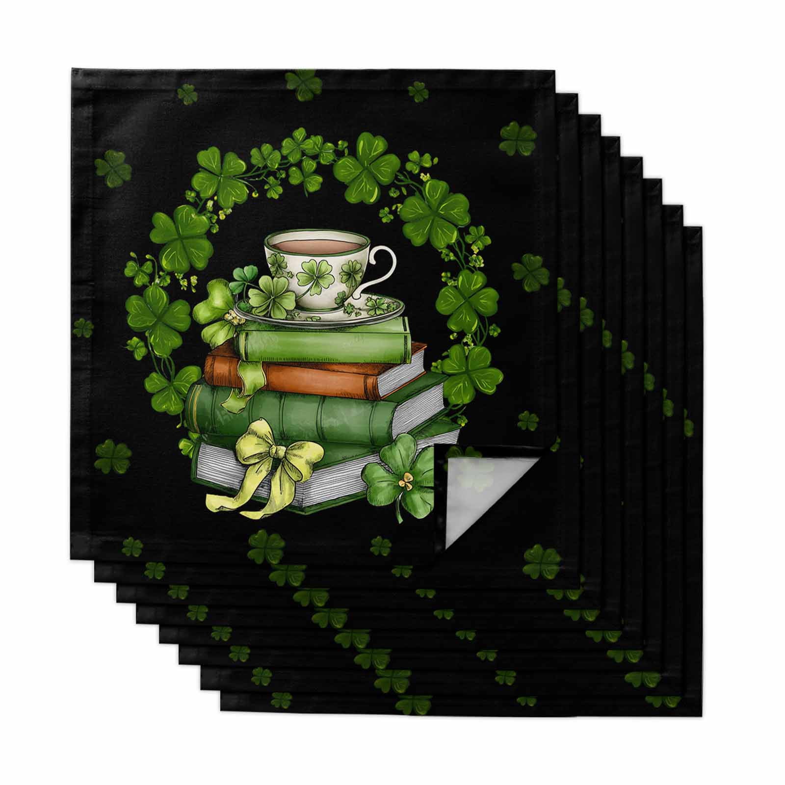 St Patrick's Day Cloth Napkins, Shamrock Leaf Coffee Cups Books Dark Green Washable and Reusable Dinner Napkins Set of 8, Table Napkin for Kitchen Party Birthday Wedding Hotel Housewarming 20"x20"
