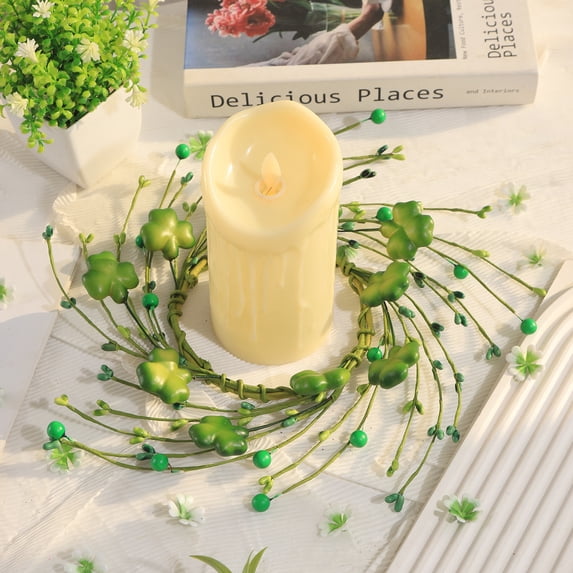 St. Patrick's Day Clover Candle Holder Centerpiece - Festive Table Decor with Berry Accents for Holiday Dinner Party, Spring Themed Home Decoration for Mantel Shelf Display