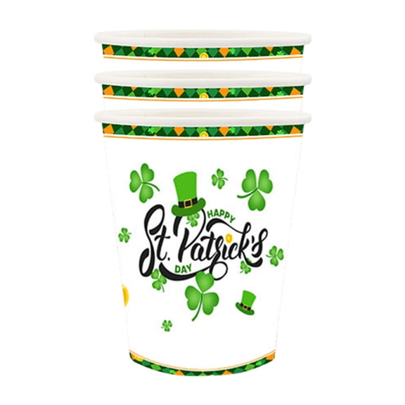 St. Patrick's Day Clover Disposable Paper Cups, 24-Pack Shamrock & Leprechaun Design for Festive Drinks
