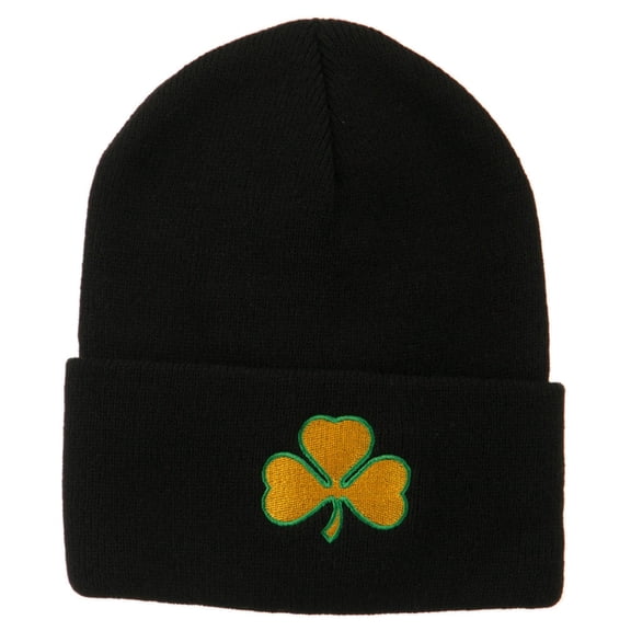 St.Patrick's Day Clover Embroidered Long Beanie - Black OSFM