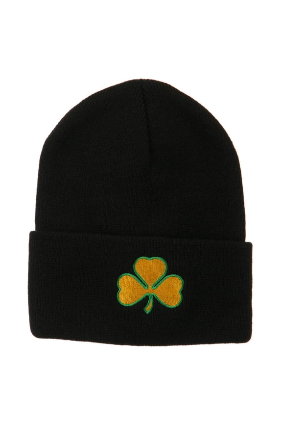 St.Patrick's Day Clover Embroidered Long Beanie - Black OSFM
