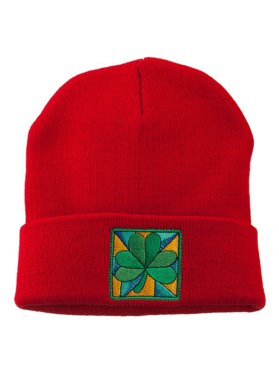 St Patrick's Day Clover Embroidered Long Beanie - Red OSFM