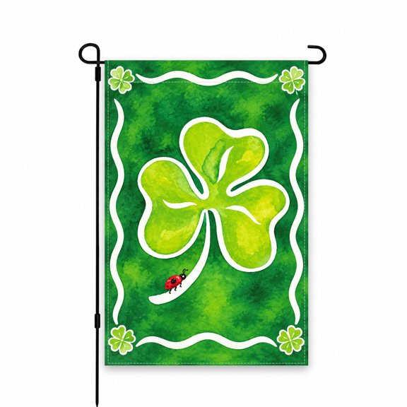 St. Patrick's Day Clover Garden Flag 12x18 Inch - Green Lucky Shamrock Design with Ladybug - Perfect for Yard, Lawn, Patio, Porch Outdoor Decor