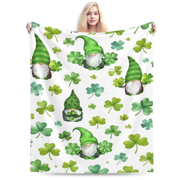 St Patrick's Day Clover Gnome Throw Blanket Green Shamrock St. Patrick's Day Throw Blankets Soft Lightweight Durable Flannel Bla 50x40