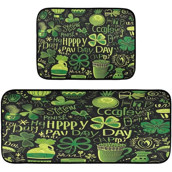 St. Patrick's Day Clover Kitchen Rugs Mats 2 Piece Set, Non Slip Rubber Runner Rug Kitchen Sink Floor Mat for Kitchen Laundry Room Hallway Office Home Decor