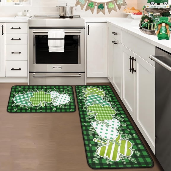 St. Patrick''s Day Clover Kitchen Rugs Set of 2, Irish Shamrock Green Polka Dot & Heart Print Buffalo Plaid Floor Door Mat Home Decorations 17"x47"+17"x30"