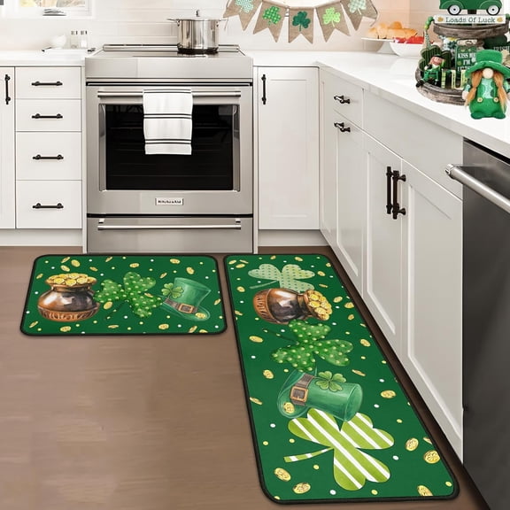 St. Patrick''s Day Clover Kitchen Rugs Set of 2, Irish Shamrock Polka Dot Striped & Pot of Gold Coin Print Floor Door Mat Home Decorations 17"x47"+17"x30"
