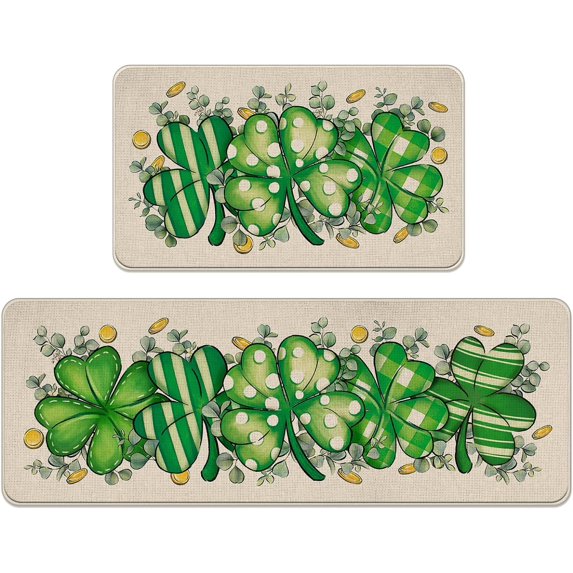 St. Patrick''s Day Clover Kitchen Rugs Set of 2, Shamrock Eucalyptus Leaves Polka Dot Kitchen Mats Decor, Gold Coins Irish Holiday Floor Door Mat Home Decorations -17x29 and 17x47 Inch