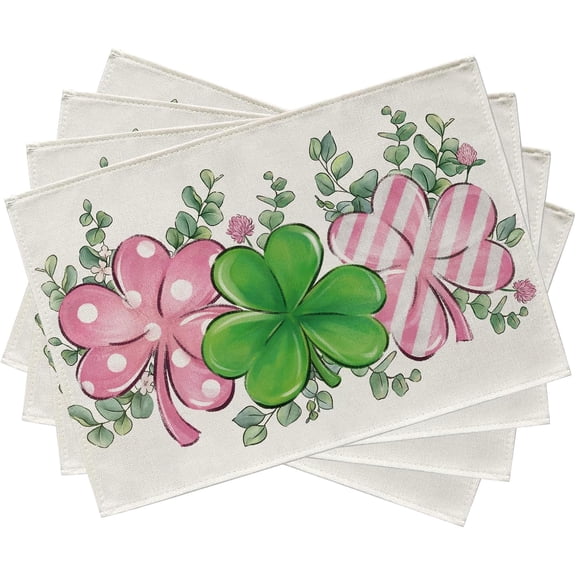 St. Patrick''s Day Clover Placemats Set of 4, Pink Shamrock Eucalyptus Leaves Flower Dining Table Place Mats, Polka Dots Stripes Irish Spring Kitchen Decor Home Decoration 12 x 18 In