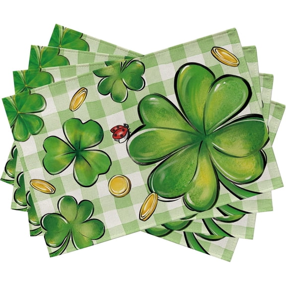 St. Patrick''s Day Clover Placemats Set of 4, Shamrock Gold Coins Plaid Check Farmhouse Dining Table Place Mats, Ladybug Irish Holiday Kitchen Decor Home Decoration 12 x 18 Inch