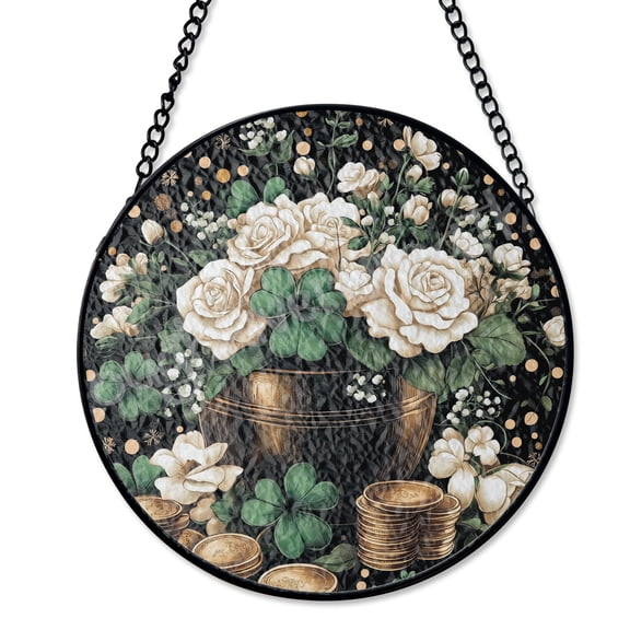 St. Patrick's Day Clover Roses Coins Suncatcher, Stained Glass Style UV Printed Glass, Irish Luck Holiday Decor Gift, Round