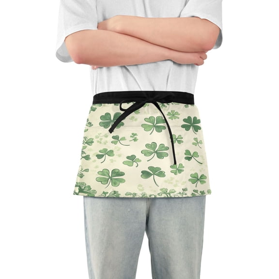 St. Patrick's Day Clover Server Apron with 3 Pockets Waterproof Waitress Waist Short Apron for Man Woman 12 Inches