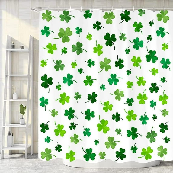 St. Patrick''s Day Clover Shower Curtain, Cute Green Bath Curtain, Happy St Patrick''s Day Shamrocks Floral Leaves Bathroom Accessories Spring for Bathroom Curtain Liner Set with Hooks, 72x72IN