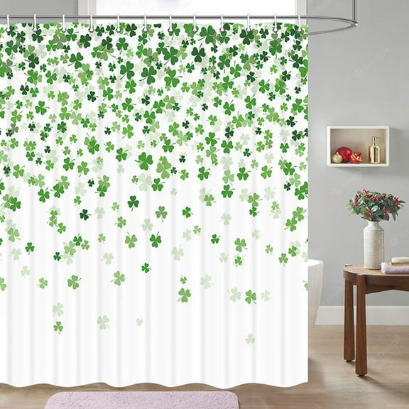 St. Patrick's Day Clover Shower Curtain, Green Clover Shamrock Irish St Patrick's Day Shamrock Bathroom Shower Curtain Set, Fabric Shower Curtain Set with Hooks，70 in