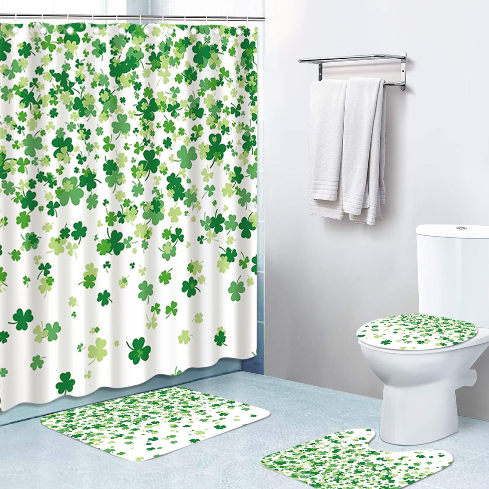 St. Patrick's Day Clover Shower Curtains With Toilet MatSet Of 4 Shamrocks Bath Curtains Set Of 4 With 12 Hooks Polyester Waterproof Bathroom Divider Curtain