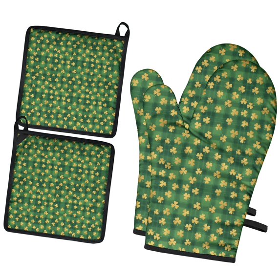 St. Patrick's Day and Clovers Green Plaid Pattern Kitchen Oven Mitt and Pot Holder Set 2 Pcs, Heat Resistant Up To 392 °F, for Baking, Cooking and Grilling
