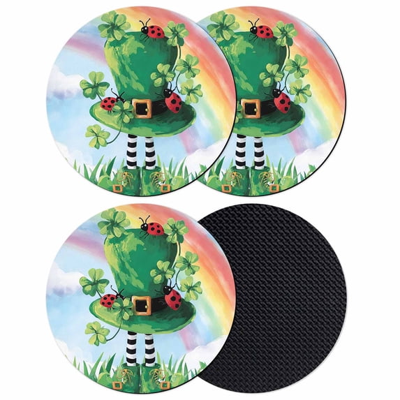 St. Patrick's Day Coasters Set of 4, Absorbent Coasters for Drinks, Green Shamrock Hat Ladybirds Daisy Rainbow Coaster for Desk Coffee Table Protection, Home Decor House Warming Gifts 4"