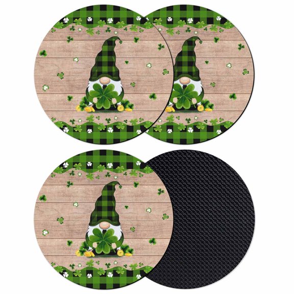 St. Patrick's Day Coasters Set of 4, Absorbent Coasters for Drinks, Green Shamrocks Gnomes Plaid Wood Coaster for Desk Coffee Table Protection, Home Decor House Warming Gifts 4"