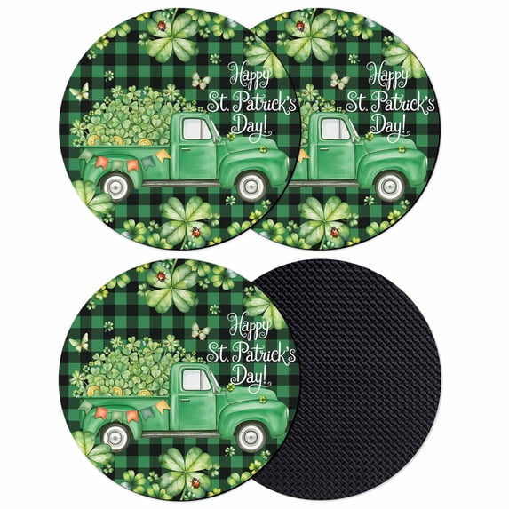 St. Patrick's Day Coasters Set of 4, Absorbent Coasters for Drinks, Green Shamrocks Truck Black Buffalo Plaid Coaster for Desk Coffee Table Protection, Home Decor House Warming Gifts 4"