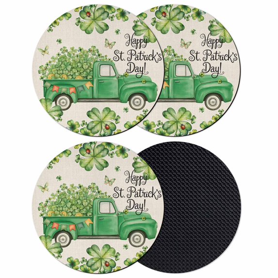 St. Patrick's Day Coasters Set of 4, Absorbent Coasters for Drinks, Green Shamrocks Truck Plants Retro Beige Coaster for Desk Coffee Table Protection, Home Decor House Warming Gifts 4"
