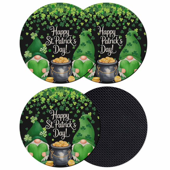 St. Patrick's Day Coasters Set of 4, Absorbent Coasters for Drinks, Spring Lucky Shamrocks Green Gnomes Black Coaster for Desk Coffee Table Protection, Home Decor House Warming Gifts 4"