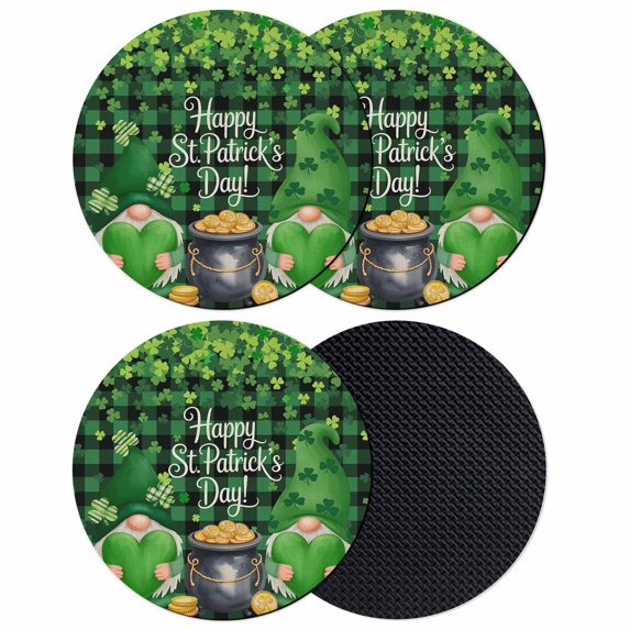 St. Patrick's Day Coasters Set of 4, Absorbent Coasters for Drinks, Spring Lucky Shamrocks Green Gnomes Plaid Coaster for Desk Coffee Table Protection, Home Decor House Warming Gifts 4"