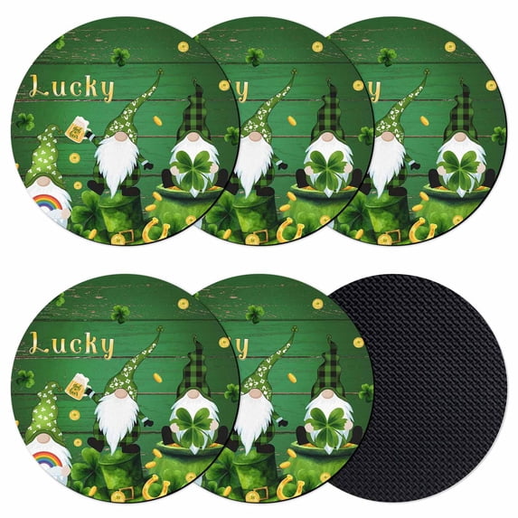 St. Patrick's Day Coasters Set of 6, Absorbent Coasters for Drinks, Green Gnomes Shamrock Gold Coin Wood Grain Coaster for Desk Coffee Table Protection, Home Decor House Warming Gifts 4"