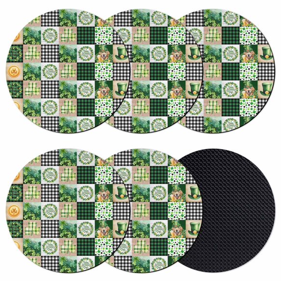 St. Patrick's Day Coasters Set of 6, Absorbent Coasters for Drinks, Green Hat Dog Lucky Shamrocks Black Check Coaster for Desk Coffee Table Protection, Home Decor House Warming Gifts 4"