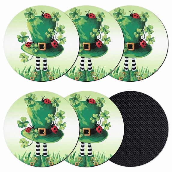 St. Patrick's Day Coasters Set of 6, Absorbent Coasters for Drinks, Lucky Shamrock Hat Ladybirds Daisy Ombre Green Coaster for Desk Coffee Table Protection, Home Decor House Warming Gifts 4"