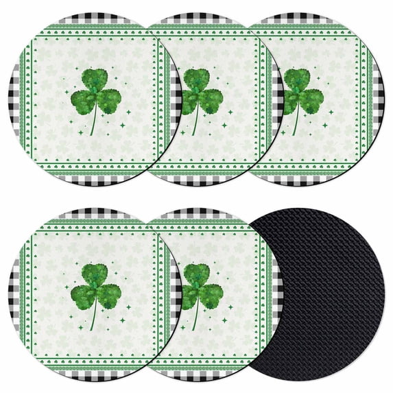 St. Patrick's Day Coasters Set of 6, Absorbent Coasters for Drinks, Spring Green Shamrock Black White Plaid Coaster for Desk Coffee Table Protection, Home Decor House Warming Gifts 4"