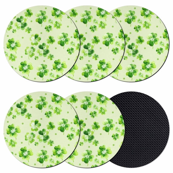 St. Patrick's Day Coasters Set of 6, Absorbent Coasters for Drinks, Watercolor Shamrock Polka Dots Light Green Coaster for Desk Coffee Table Protection, Home Decor House Warming Gifts 4"