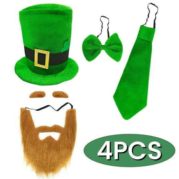 Leprechaun Hats with Beard St. Patrick's Day Accessories Lucky Charms Leprechaun Costume Suit Hat, Bow, Bow Tie, Beard for Irish Party Favors 4PCS