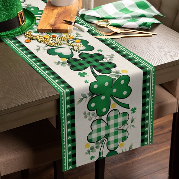 St. Patrick's Day, Cotton Linen Small Table Runner 13 x 60 inch Green Shamrock Farmhouse Plaid Eucalyptus Non-slip Rectangular Dining Table Decor for Wedding Party Holiday Dinner