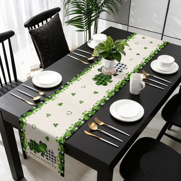St. Patrick's Day Cotton Linen Table Runner 18 x 72 inch Green and Black Checkered Lucky Non-slip Rectangular Dining Table Decor for Wedding Party Holiday Dinner
