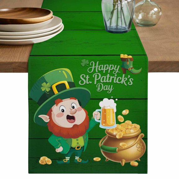 St. Patrick's Day Cotton Linen Table Runner for Dining Kitchen, Lucky Shamrock Gnomes Beer Coin Wood Green Wedding Outdoor Party Tablerunners, Dresser Scarf Coffee Tablecloth Runners 13x120 Inches